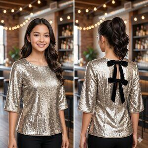 J.Crew Women's Sequin Top Size 14 Gold Open Back Bow Detail 3/4 Sleeve Party